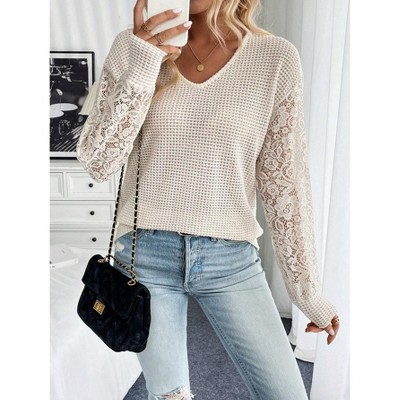 Women Blouse Long Sleeve V Neck Lace Shirt