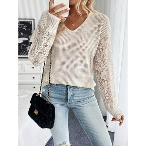 Women Blouse Long Sleeve V Neck Lace Shirt - 1 of 4