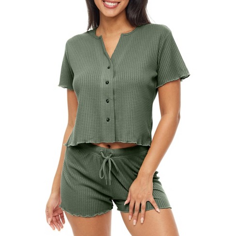 ADR Women's Ribbed Knit Pajamas Set, Short Sleeve Button Up Top and Pajama  Thermal Underwear Shorts Green Small