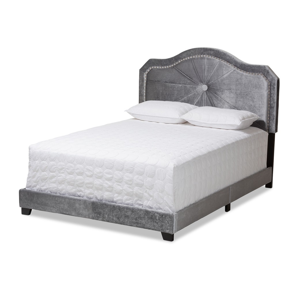 Photos - Bed Frame Queen Embla Velvet Fabric Upholstered Bed Gray - Baxton Studio