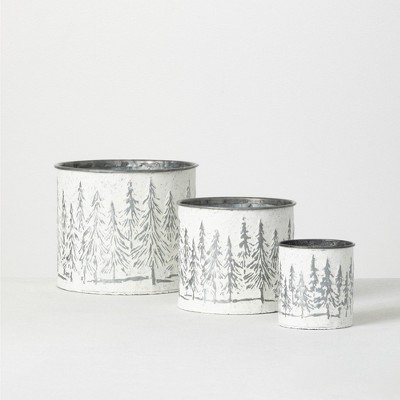 Sullivans Weathered Metal Tree Planters Set of 3, 7"H, 5.75"H & 4.25"H White