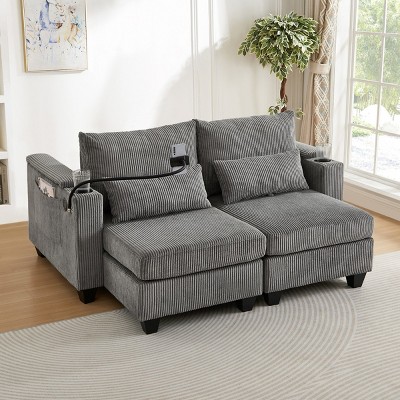 63" Convertible Corduroy Sleeper Loveseat Sofa with USB Ports,Cup Holders,Storage Armrests and Pillows–Maison Boucle