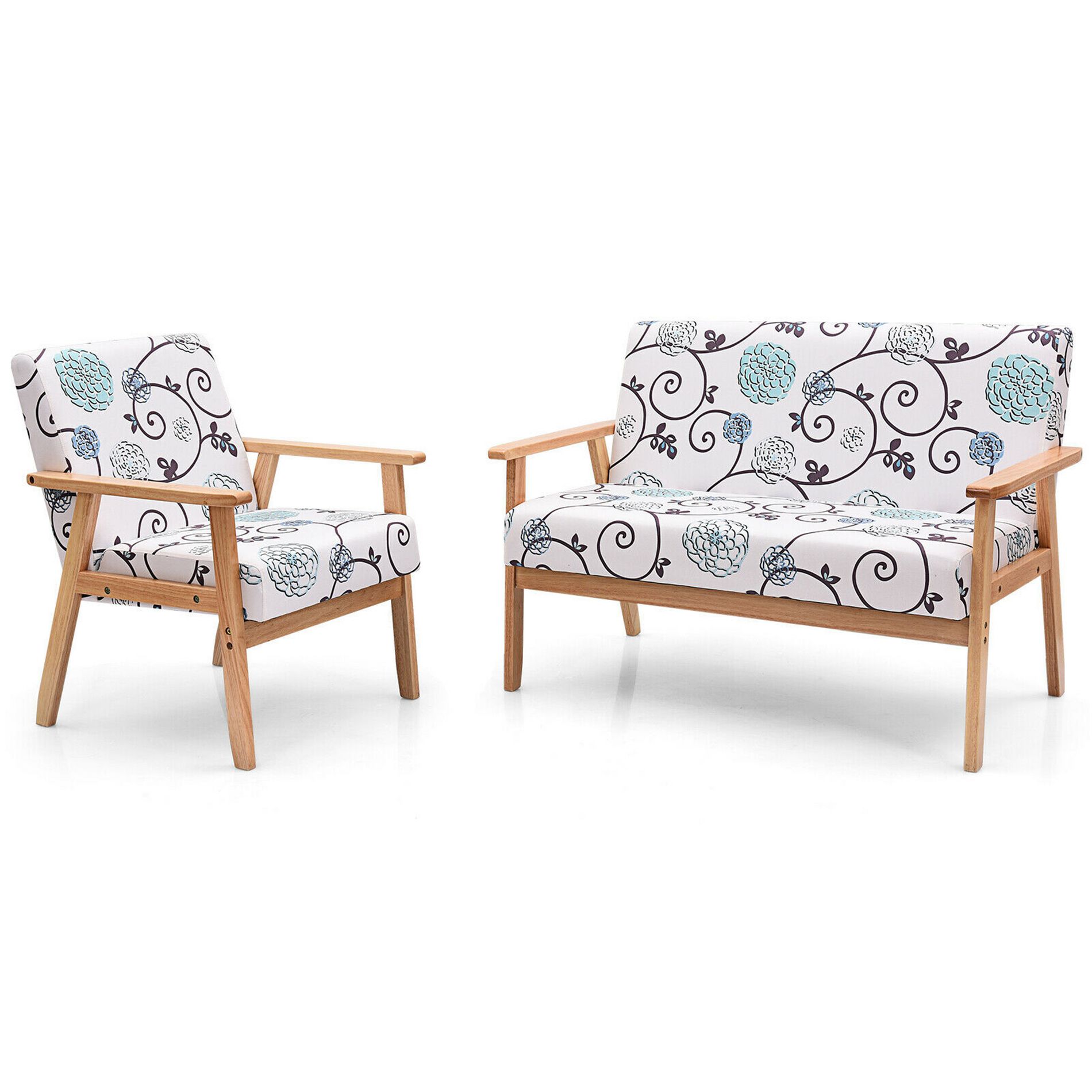 Costway Modern Living Room Sofa Set w/ Loveseat Sofa Couch & Accent Armchair White & Blue Floral