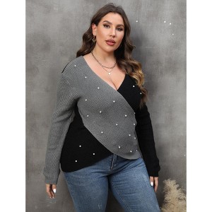 Women's Plus Size Pearls Criss Cross V Neck Long Sleeve Sweater Asymmetrical Pullovers - 1 of 4