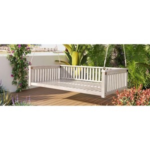 DOMETOUR TOPMAX Patio Minimalist Twin Size Garden Swing Bed Wood Porch Swing with Ropes for Backyard, Safe Sloped Design, White - 1 of 4