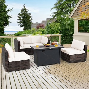 Costway 6PCS Patio Furniture Set Rattan Cushioned Sofa Gas Fire Pit Table Black/Turquoise/Red/Off-white/Navy - 1 of 4