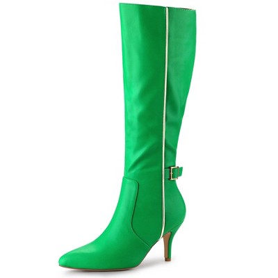 Allegra K Women's Pointy Toe Buckle Decor Side Zip Stiletto Heel Knee High Boots
