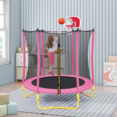 HFYee Trampoline Indoor 65" Mini Toddler Trampoline for Kids with Outdoor and Indoor Dual-use, Enclosure, Basketball Hoop and Ball Included, Pink