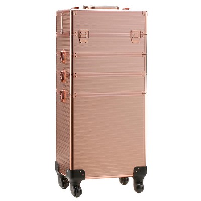 Photo 1 of Channcase 4 in 1 Portable Traveling Aluminum Professional Makeup Trolley Cart with Multiple-Sized Compartments and Wheels, Rose Gold