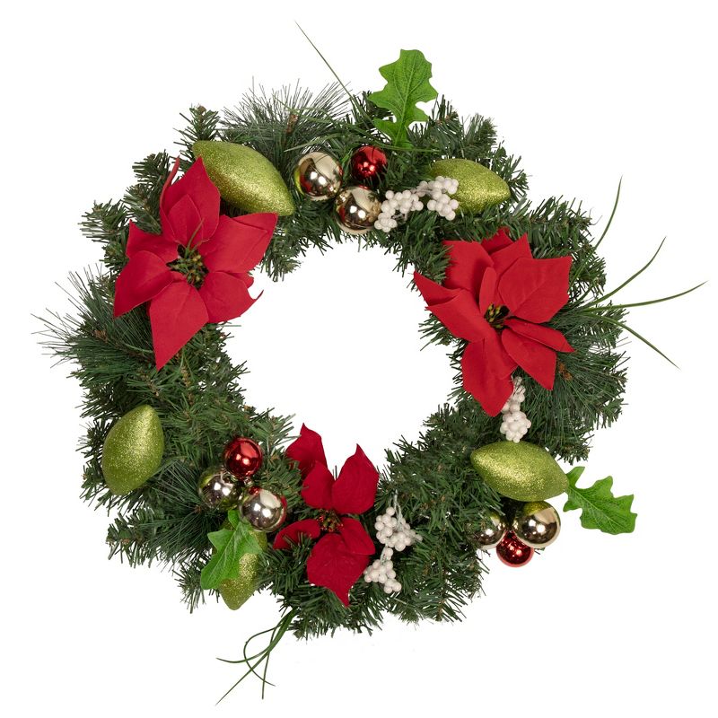 Northlight Decorated Red and Green Poinsettia and Pine Artificial Christmas Wreath, 24-inch, Unlit, 1 of 4