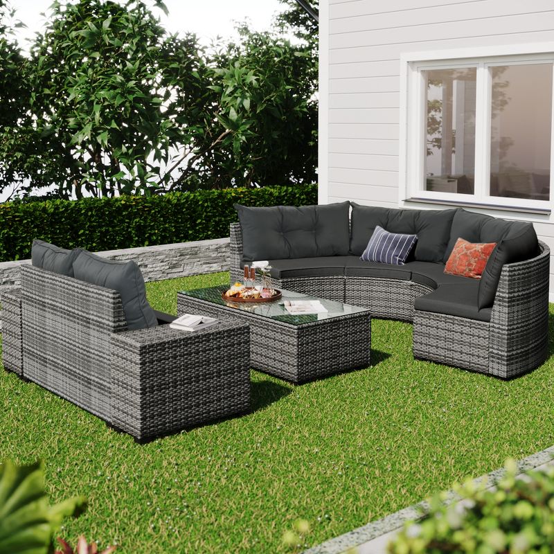 8PCS Patio PE Rattan Conversation Set, Outdoor Half-Moon Sectional Sets With Coffee Table-ModernLuxe, 2 of 15