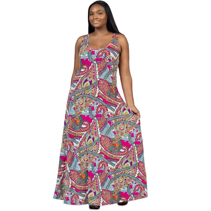 24seven Comfort Apparel Plus Size Pink Paisley Print Scoop Neck A Line Sleeveless Maxi Dress, 2 of 7