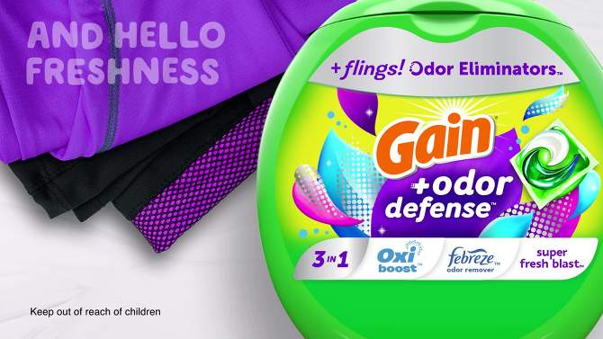 Gain Flings HE Compatible Super Fresh 3-in-1 with Febreze and Oxi Odor Defense Liquid Laundry Detergent Pacs, 2 of 9, play video