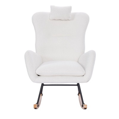 GlasFlength Accent Chairs Plush Teddy Fabric Rocking Chair with Ergonomic Backrest for Nursery Living Room, White, 25.19"*34.25"*36.22"