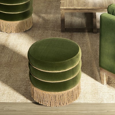 Olive Green Velvet Round Tufted Ottoman with Bullion Fringe