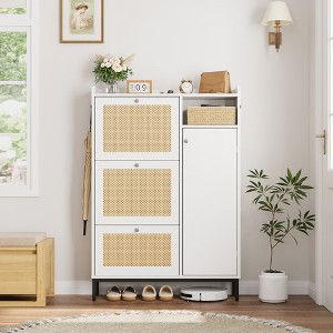 WhizMax Rattan Shoe Storage Cabinet with 3 Flip Drawers, Freestanding Organizer with Adjustable Shelves for Entryway, Narrow Shoe Rack Cabinet - 1 of 4