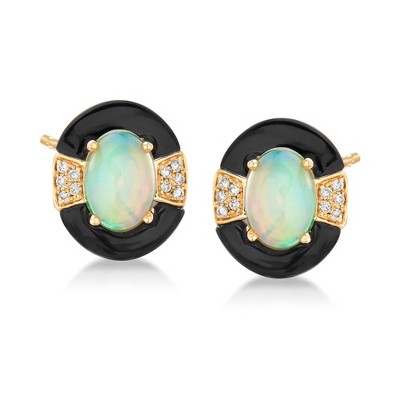 Ross-Simons Opal and Black Onyx Earrings With Diamond Accents in 14kt Yellow Gold