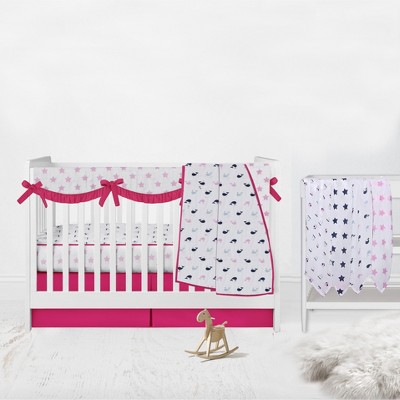 Bacati - Girls Nautical Muslin Whales Boat Pink Blue Navy 8 pc Crib Bedding Set with Long Rail Guard Cover