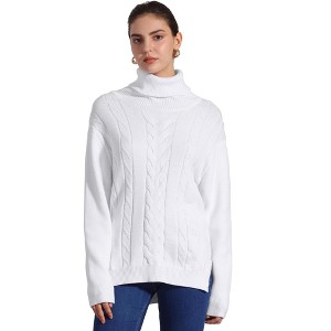 Allegra K Women's High Low Split Long Sleeve Turtleneck Cable Knit Sweater Jumpers - 1 of 4