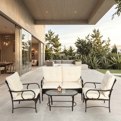 4pcs Outdoor Seating Group Furniture Sets, Patio Wicker Conversation Chat Set With Removable Cushions -ModernLuxe