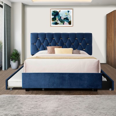 Queen Size Velvet Upholstered Platform Bed With A Twin Size Trundle And ...