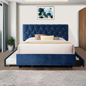Queen Size Velvet Upholstered Platform Bed with a Twin Size Trundle and Two Pull Out Drawers, 4Q-ModernLuxe - 1 of 4