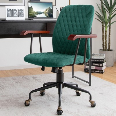 Green Velvet Adjustable Swivel Task Chair with Wooden Armrests