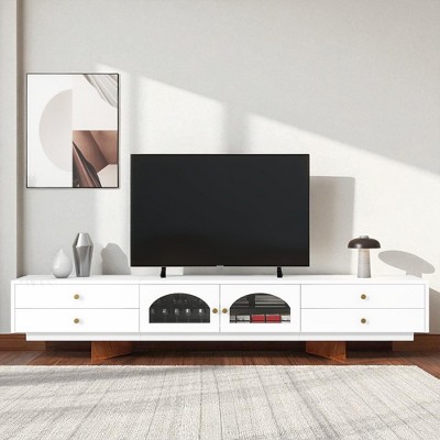 Luxurious TV Stand with Fluted Glass Doors, Elegant Media Console for TVs Up to 95'', Tempered Glass Shelf Cabinet with Storage