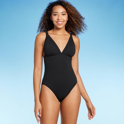 Women's Ribbed Triangle One Piece Swimsuit - Shade & Shore™ Black XS