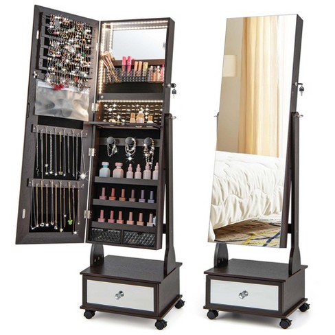 Standing Lockable Jewelry Storage Organizer with Full-Length Mirror-Brown | Costway