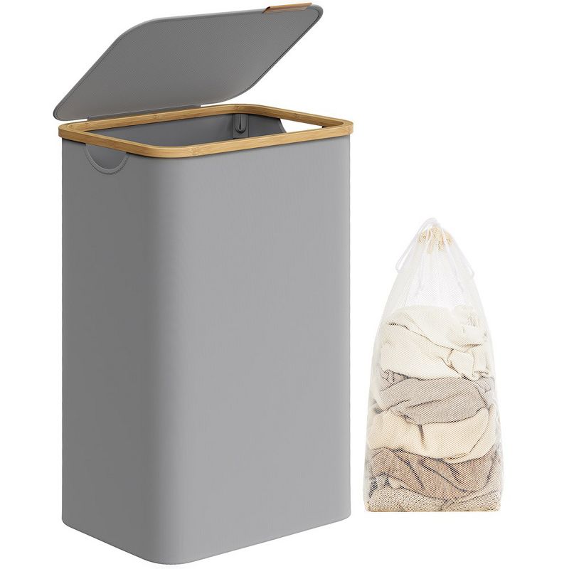 Collapsible Dove Gray Bamboo Laundry Hamper with Lid and Removable Mesh Liner