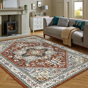 Vintage boho washable soft rug. Low-pile, anti-slip, stain-resistant. Floral distressed, non-shedding. For bedrooms, living/dining rooms - 1 of 4