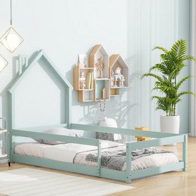 Whisen Twin Size Wood Floor bed with House-shaped Headboard, Fences and Strengthened slats