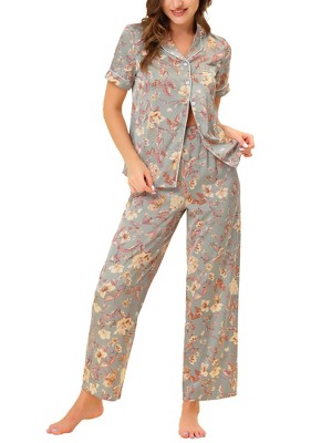cheibear Women's Silky Short Sleeves Sleepshirt with Pants Sleepwear Pajama Set 2 Pcs