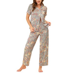 cheibear Women's Silky Short Sleeves Sleepshirt with Pants Sleepwear Pajama Set 2 Pcs - 1 of 4