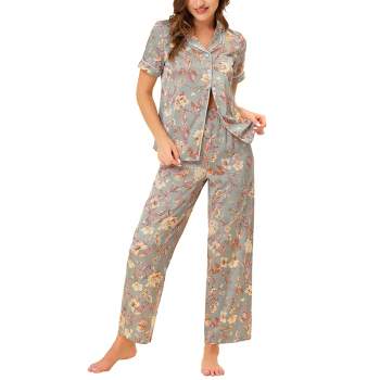 cheibear Women's Silky Short Sleeves Sleepshirt with Pants Pajama Set 2 Pcs
