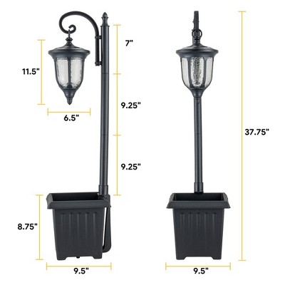 Black Solar Lamp Post with Planter and Crackle Glass Shade