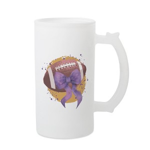 Elanze Designs Freezable Beer Stein Mug With Thumb Grip Handle, 16 Ounce Frosted Glass, Football With Purple Bow - 1 of 1