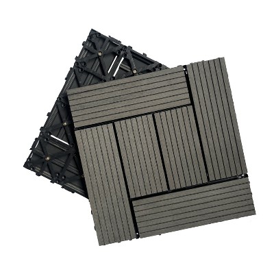 Vynxaria 20 Pieces of 11.8 Inch Dark Gray Interlocking Wood Look Tiles with Irregular Stripes, Waterproof for Indoor & Out, Patio, Balcony, Backyard
