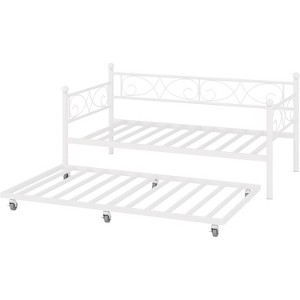 White Daybed with Trundle Bed, Twin Size Metal Day Bed with Floral Headboard, Modern Metal Sofe Bed Frame with Pull-Out Trundle - 1 of 4