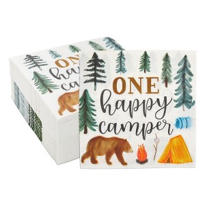 Blue Panda 100 Pack Camping Napkins for 1st Birthday Party Supplies, One Happy Camper (6.5 In) - 1 of 4