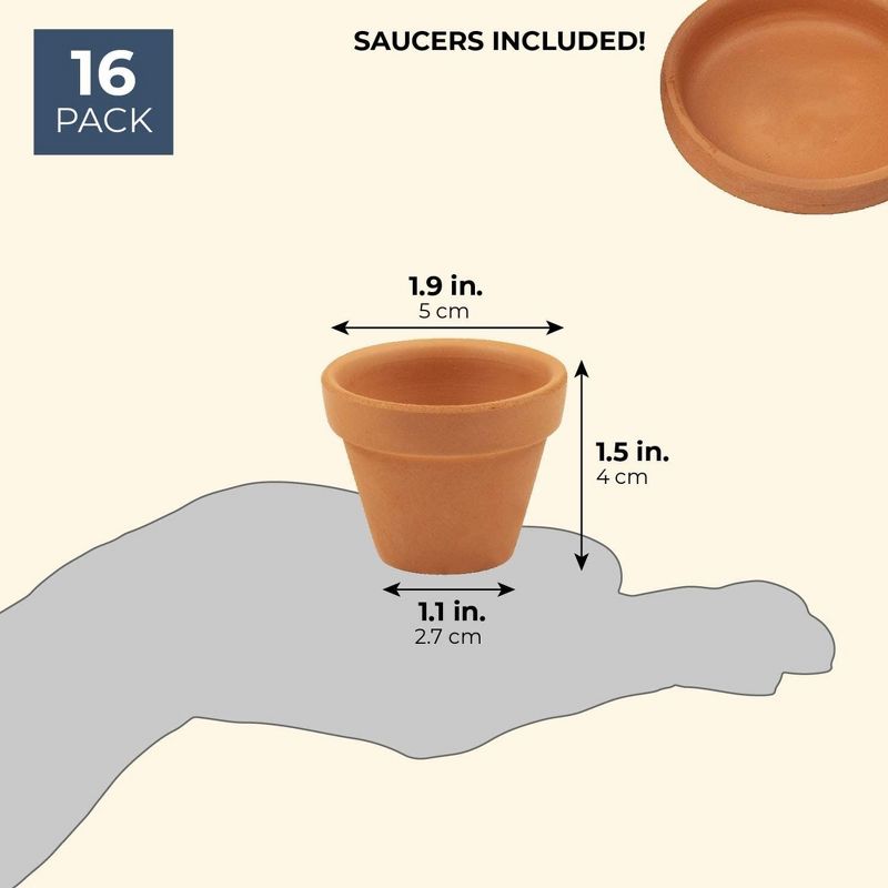 Juvale 16-Pack Terra Cotta Mini Pots with Saucers and Drainage Hole, Paintable Pottery for Succulents, Plants, Flowers, Cactus, Nursery, and Decor, 2", 5 of 9