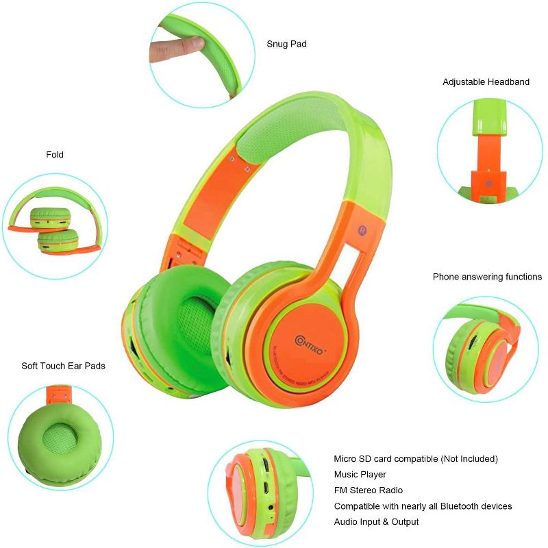 Contixo KB2600 Kids Bluetooth Wireless Headphones -Volume Safe Limit 85db -On-The-Ear Adjustable Headset (Green), 4 of 8