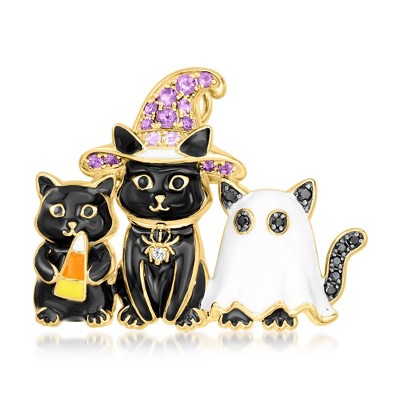 Ross-Simons 0.66 ct. t.w. Multi-Gemstone and Multicolored Enamel Halloween Cats Pin/Pendant in 18kt Gold Over Sterling Size 1.00