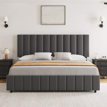 Whizmax Full Size Bed Frame with Adjustable Headboard and 4 Storage Drawers, Linen Upholstered Platform Bed Frame with Wooden Slats Support, Grey