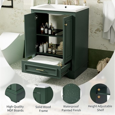 CSBDHome 24-Inch Bathroom Vanity with Ceramic Sink, Modern Freestanding Cabinet with Storage, Soft Close Doors & Silver Handles