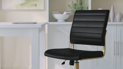White Faux Leather Armless Swivel Office Chair with Brass Frame