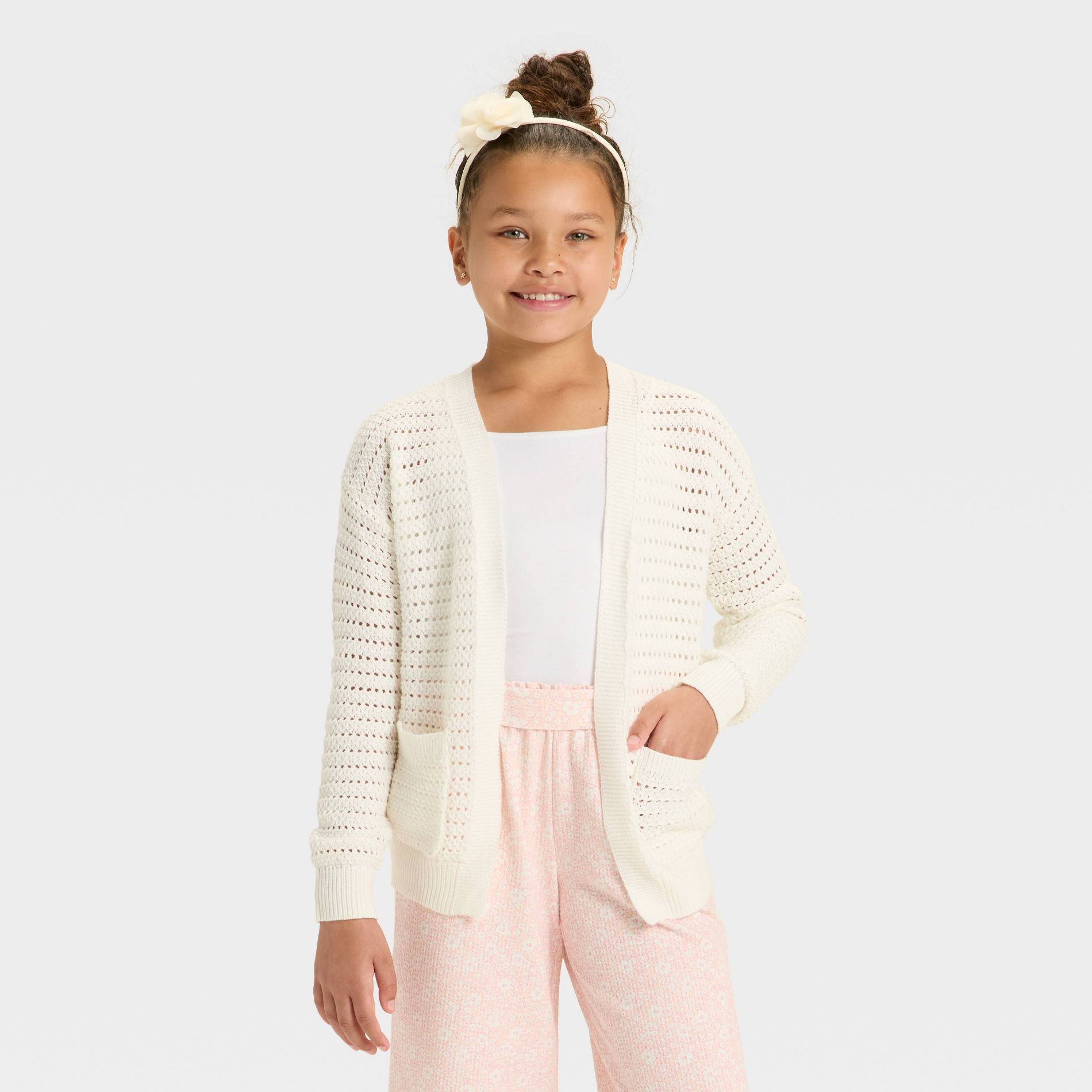 Girls' Pointelle Cardigan - Cat & Jack™ Cream S