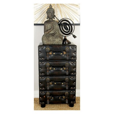 Black Vintage Faux Leather 4 Drawer Chest with Buckle Straps and Gold Studs