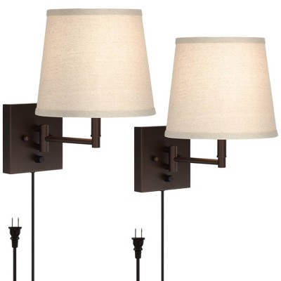 360 Lighting Modern Swing Arm Wall Lamps Set of 2 Painted Bronze Plug-In Light Fixture Oatmeal Linen Empire Shade Bedroom Reading